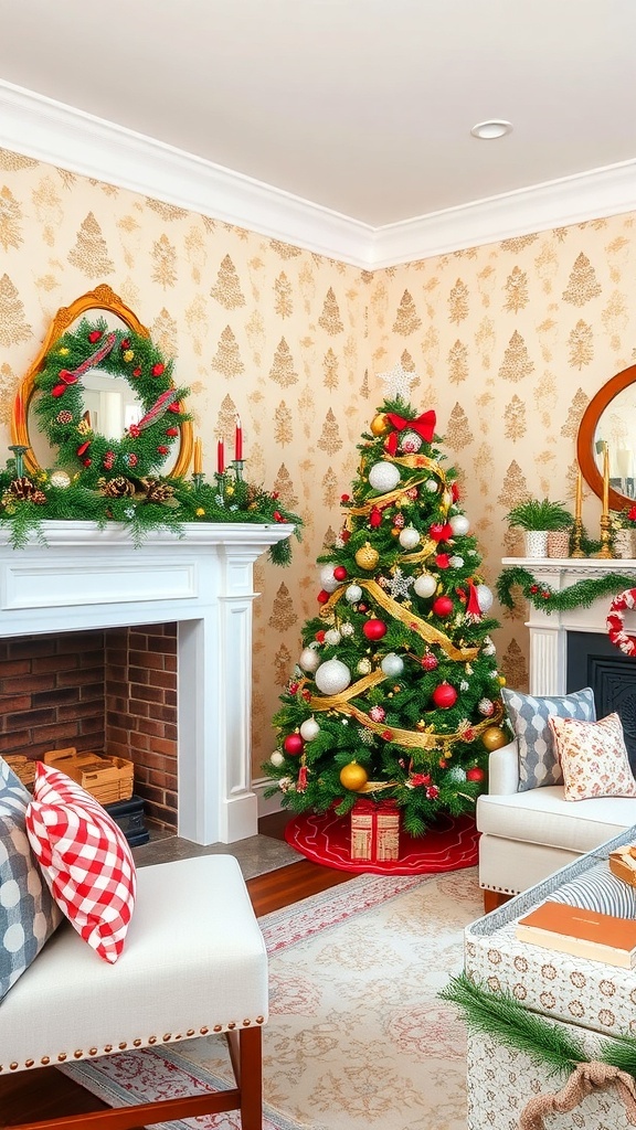 Preppy Christmas Wallpaper Design A room with preppy Christmas wallpaper showcasing festive patterns, decorated for the holiday season.